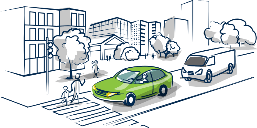 Aric Assurances frise voiture verte en ville.